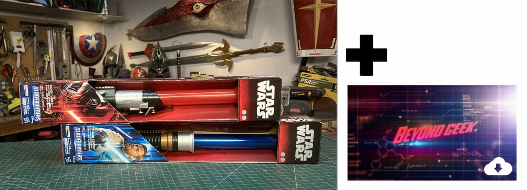 A star wars light saber and a light saber in a box.