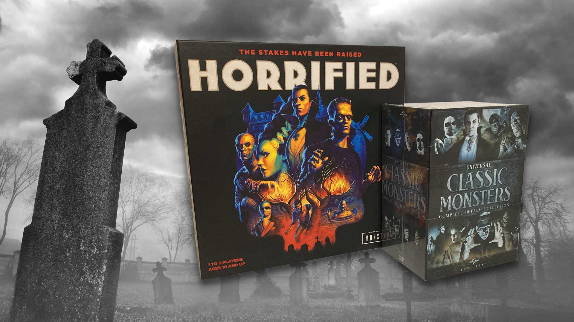 The horrorfied box set is shown in front of a graveyard.