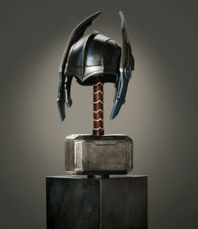 A Thor helmet on top of a black base, created by Odin Makes.