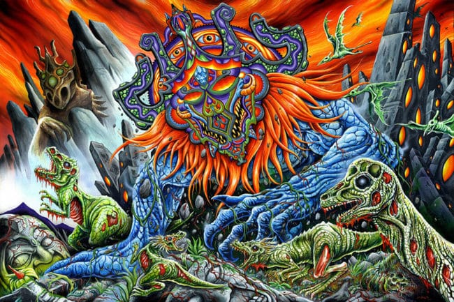 A painting by Skinner Artist featuring a demon with a dragon in the background.