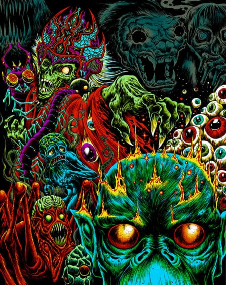 An illustration of a group of zombies and monsters by Skinner Artist.