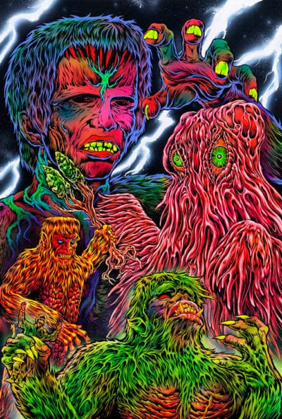 A Skinner Art painting of a group of monsters on a dark background.