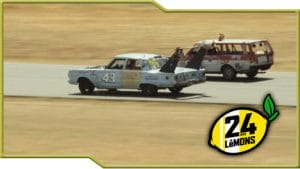 Two junk cars racing Text in Lemon Image: 24 Hours of LeMons