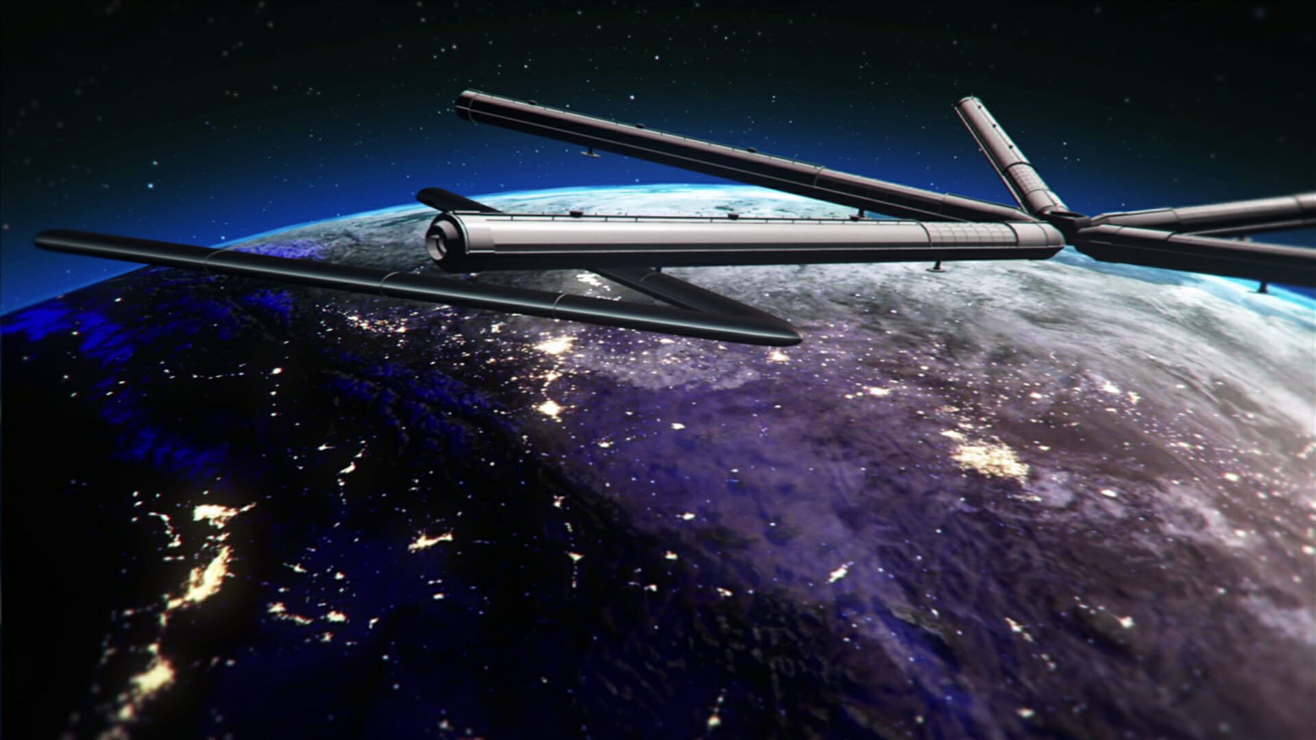 Animated image of V-style ship docking with space station