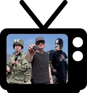 A tv screen with a man in a suit and a man in a helmet.