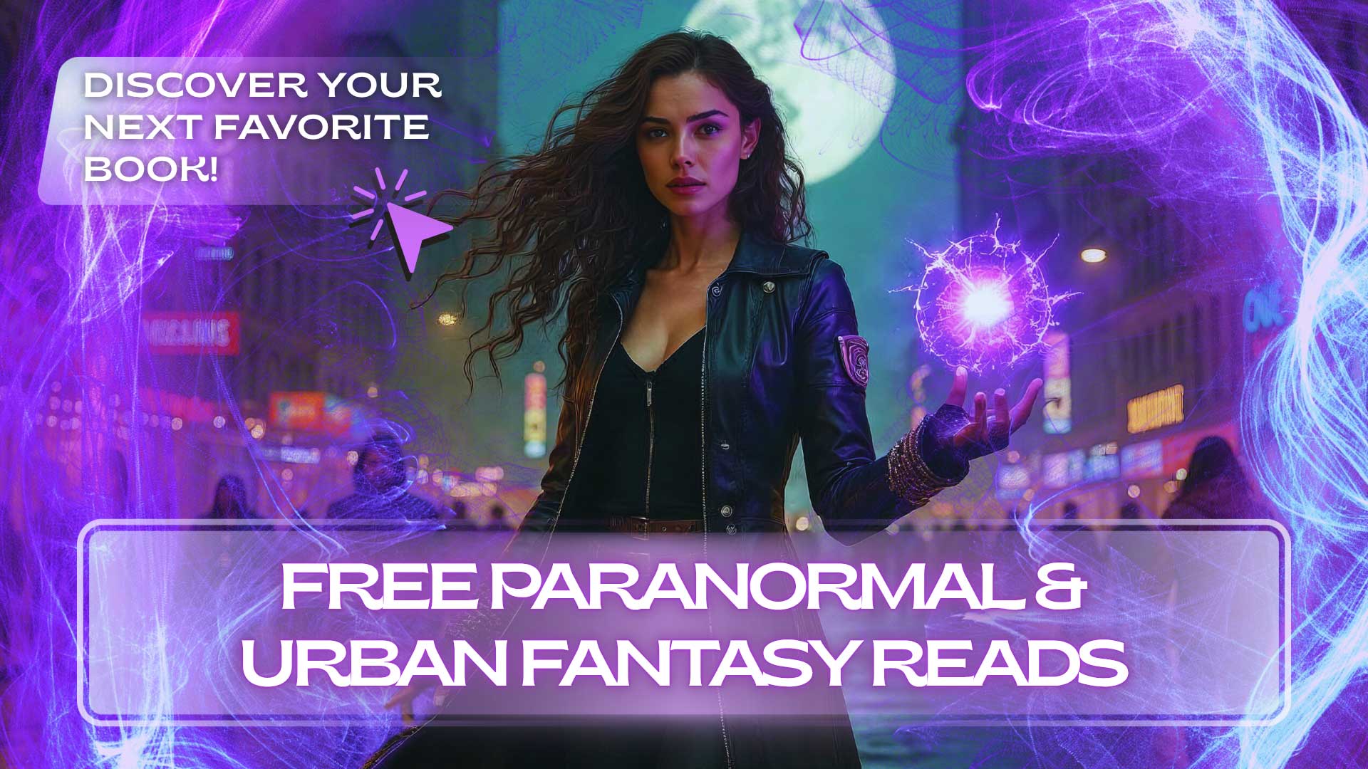 A woman in a leather jacket holds a glowing orb on a city street at night, surrounded by purple light effects. Text reads: “Free Paranormal & Urban Fantasy Reads.”.