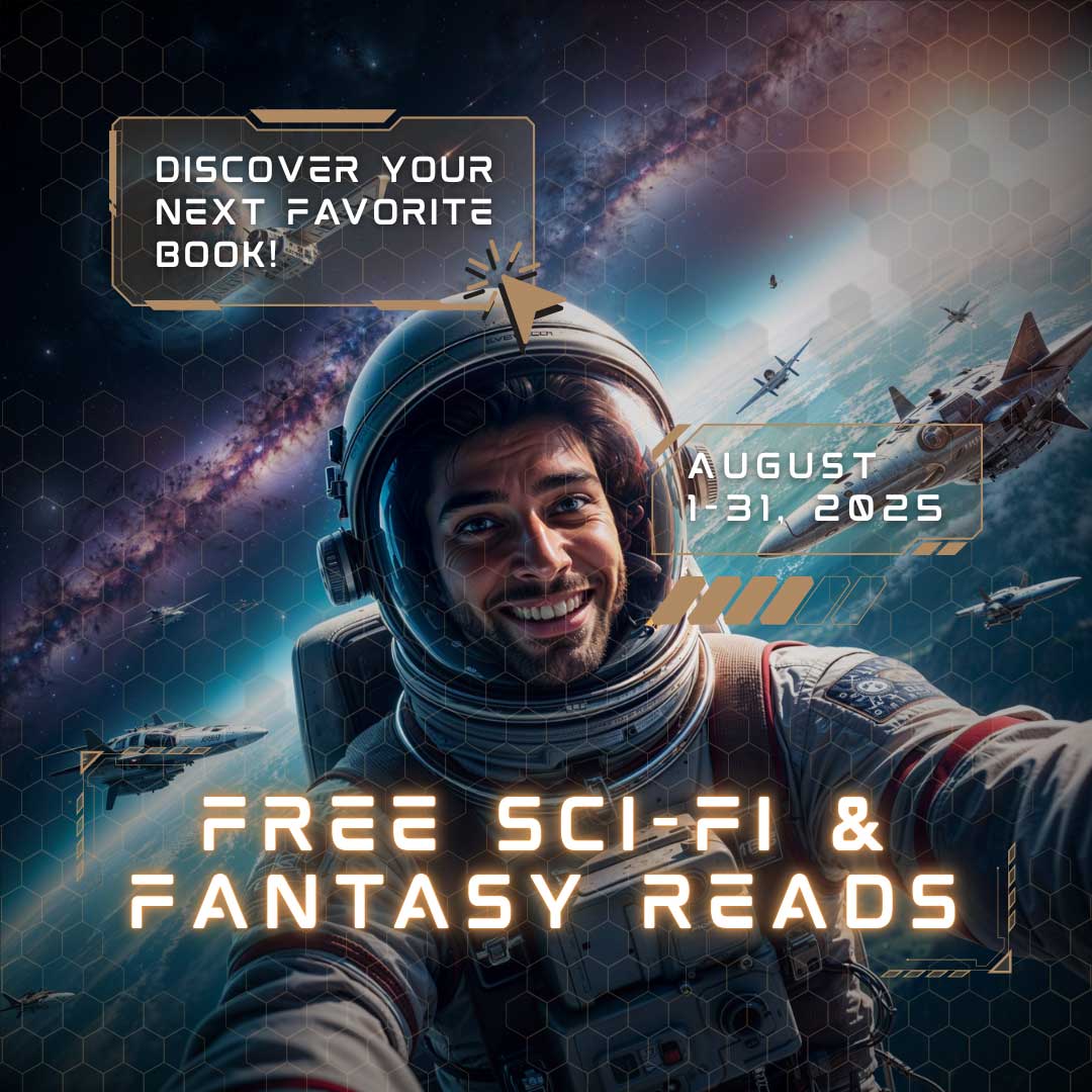 A smiling astronaut takes a selfie in space with spaceships and a galaxy in the background. Text reads, "Free Sci-Fi & Fantasy Reads, August 1-31, 2025. Discover your next favorite book!.