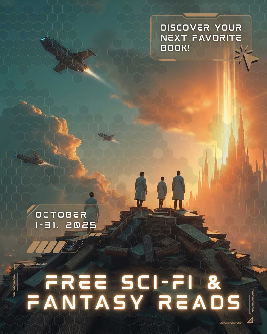 Futuristic scene with three figures on a platform, flying vehicles, a glowing city, and text promoting free sci-fi and fantasy reads from October 1-31, 2025.