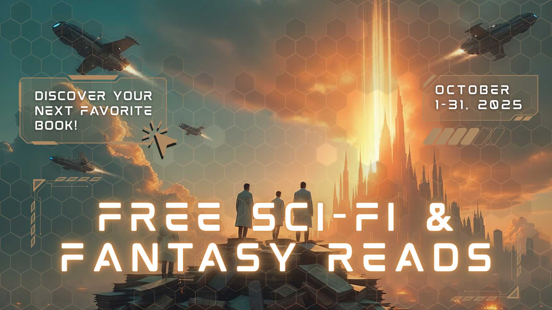 Two figures stand on a futuristic platform overlooking a glowing city with flying ships. Text promotes free sci-fi and fantasy reads from October 1–31, 2025.