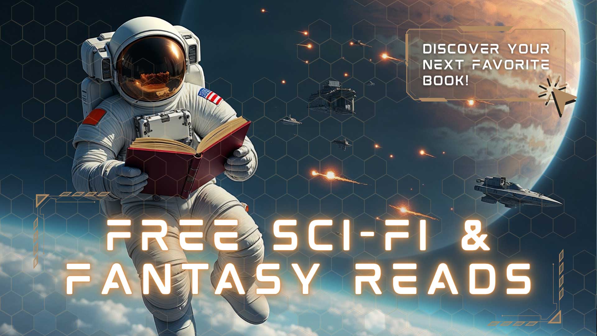 An astronaut reads a book in space with spaceships and a planet in the background. Text reads: "Free Sci-Fi & Fantasy Reads. Discover your next favorite book!.