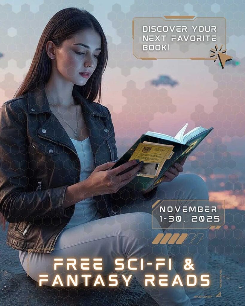 A woman in a leather jacket reads a book outdoors at sunset. Text promotes free sci-fi and fantasy reads available November 1-30, 2025.