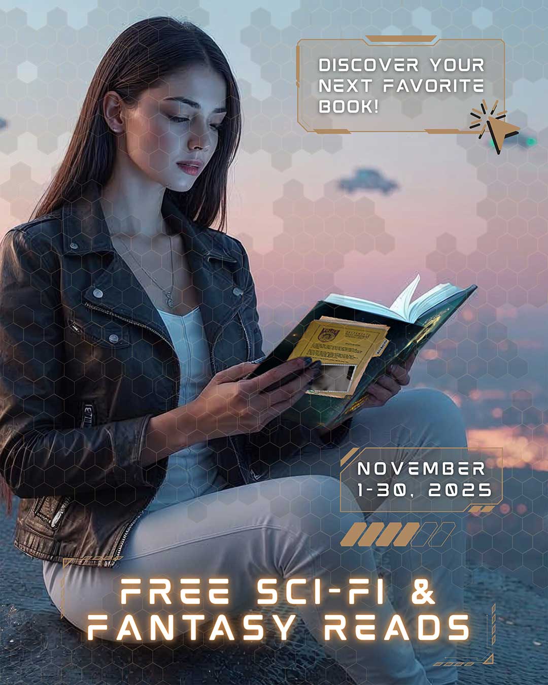 A woman in a leather jacket reads a book outdoors at sunset. Text promotes free sci-fi and fantasy reads available November 1-30, 2025.