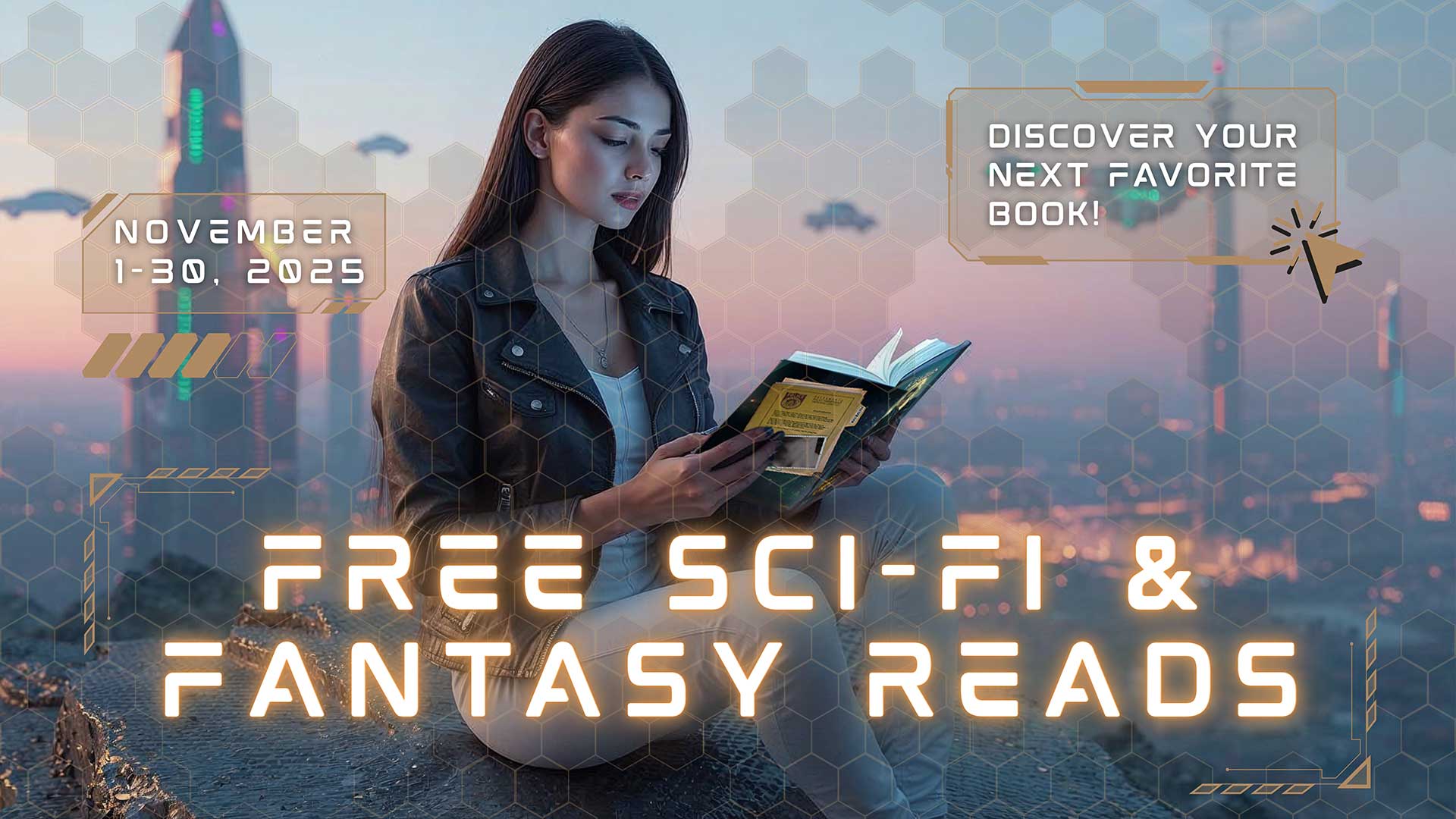 A woman reads a book in a futuristic cityscape with flying vehicles, promoting free sci-fi and fantasy reads from November 1–30, 2025. Text encourages discovering new books.