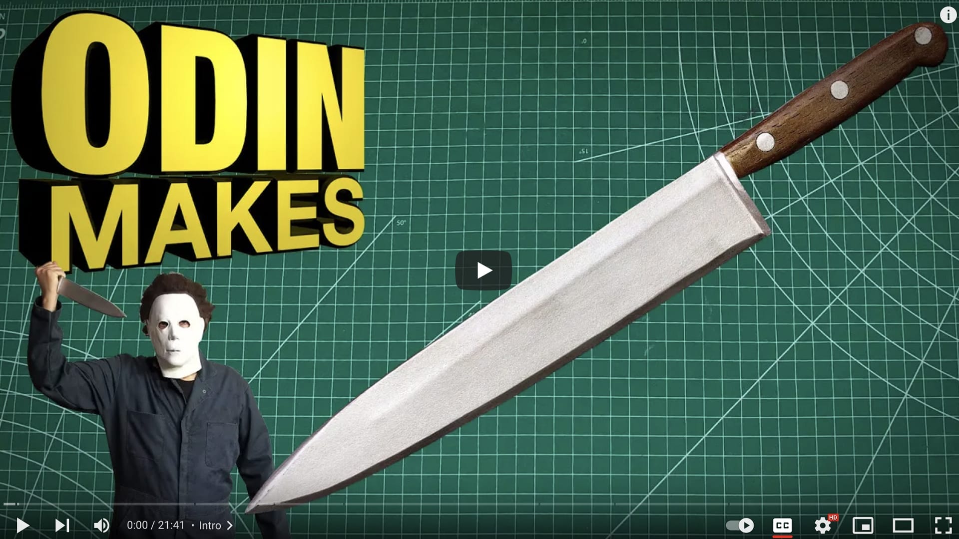 A man in a mask holds a large knife prop in front of a green cutting mat background. Large yellow text reads "ODIN MAKES." Perfect for crafting your next Star Trek Halloween costume mashup!