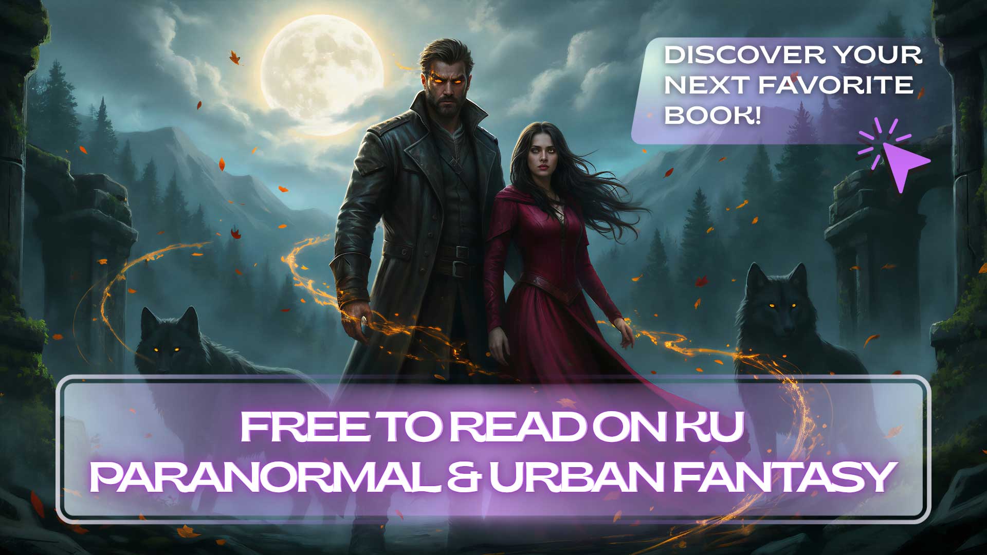 A man and woman stand together in a dark, misty forest with wolves and a full moon; text promotes free paranormal and urban fantasy books on Kindle Unlimited.