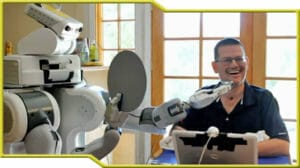 A man controlling a robot at the de Young Museum.