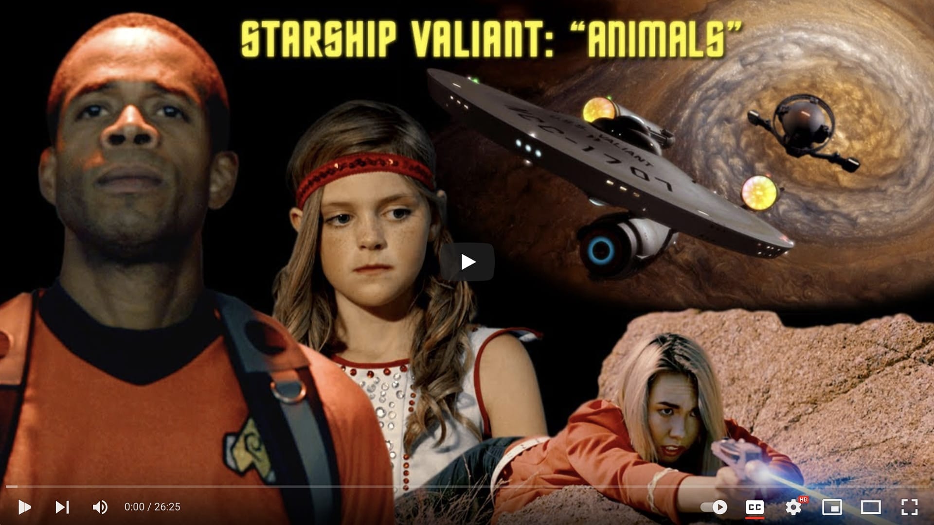 Cover image of a video titled "Starship Valiant: 'Animals'" featuring three characters and a spaceship scene with a large vortex in the background.