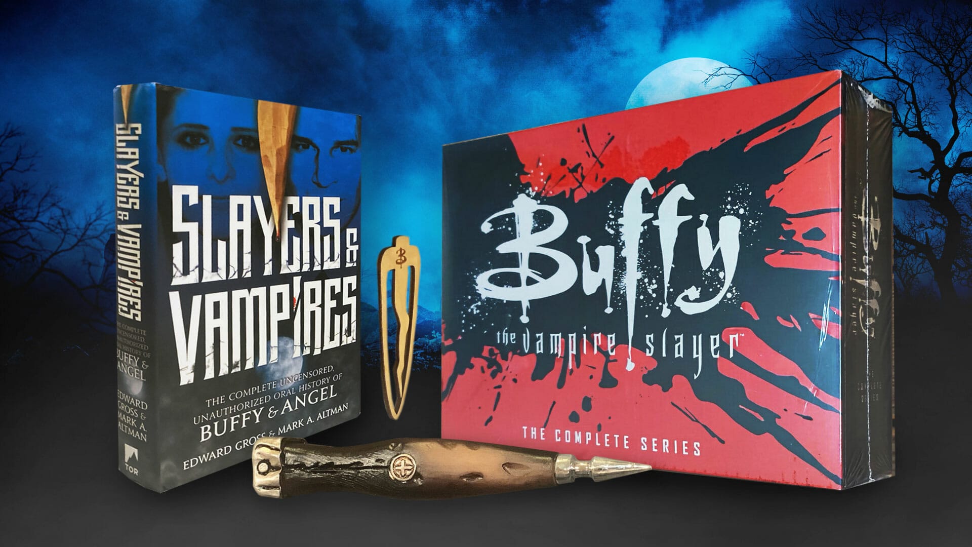 Book Slayers & Vampires, Mr. Pointy bookmark, Buffy the Vampire Slayer: The Complete Series, replica stake in front of a foggy graveyard at night