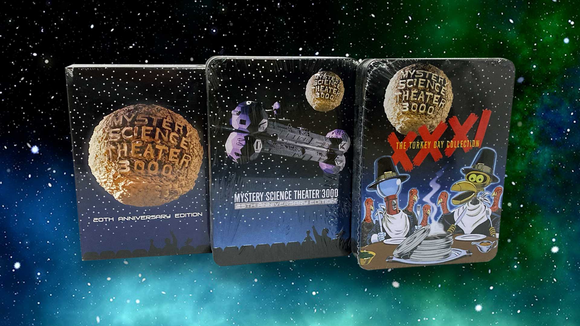 3 Mystery Science Theater 3000 DVD boxes floating in space