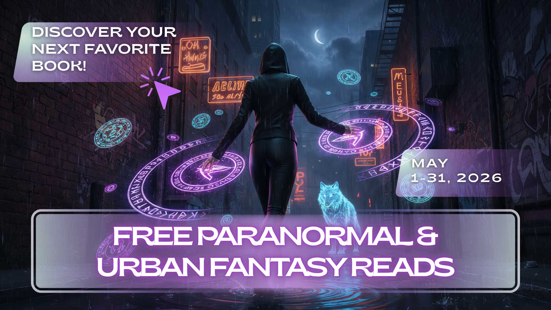 A hooded figure with glowing magical symbols stands in a neon-lit alley next to a glowing wolf. Text promotes free paranormal and urban fantasy reads from May 1-31, 2026.